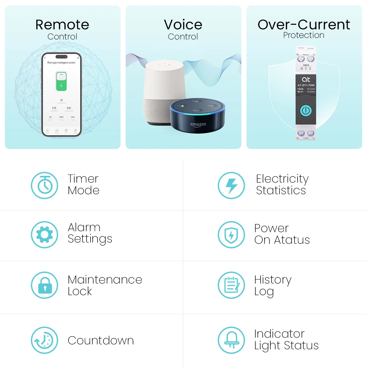 TUYA WIFI Smart Circuit Breaker With Metering 1P 50A 63A DIN Rail for Smart Home wireless Remote Control Switch by APP