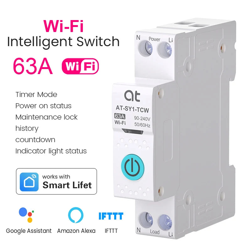 TUYA WIFI Smart Circuit Breaker With Metering 1P 50A 63A DIN Rail for Smart Home wireless Remote Control Switch by APP