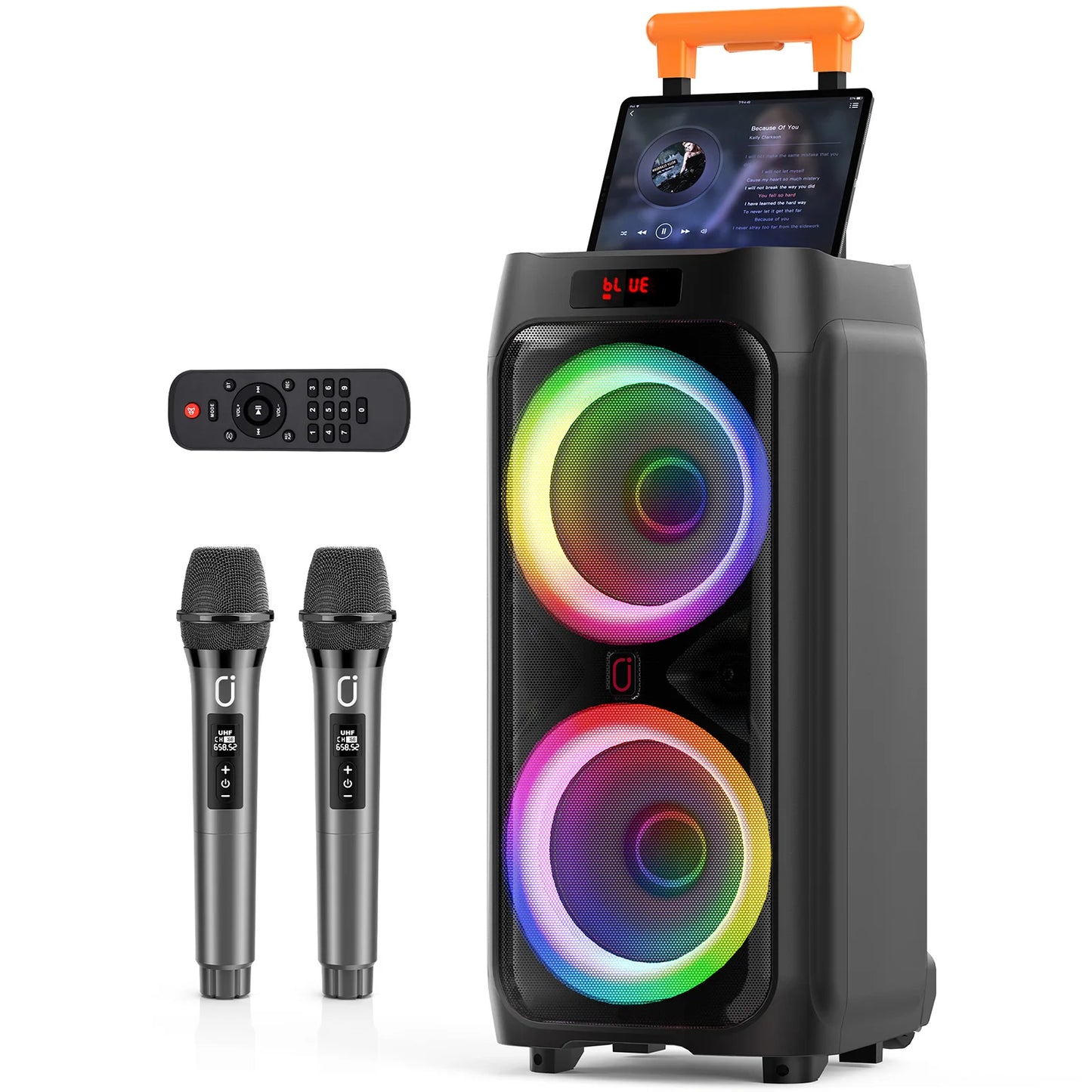 T9Karaoke Machine,Dual 8"Subwoofer Big Bluetooth Speaker with 500W Peak Power,PA System with DJ Light,Rolling Wheels and Trolley