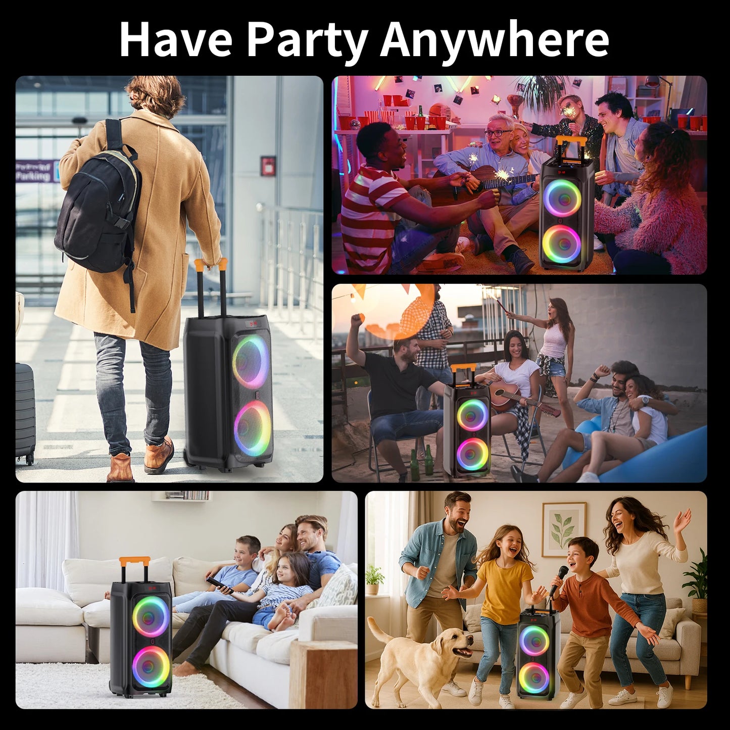 T9Karaoke Machine,Dual 8"Subwoofer Big Bluetooth Speaker with 500W Peak Power,PA System with DJ Light,Rolling Wheels and Trolley